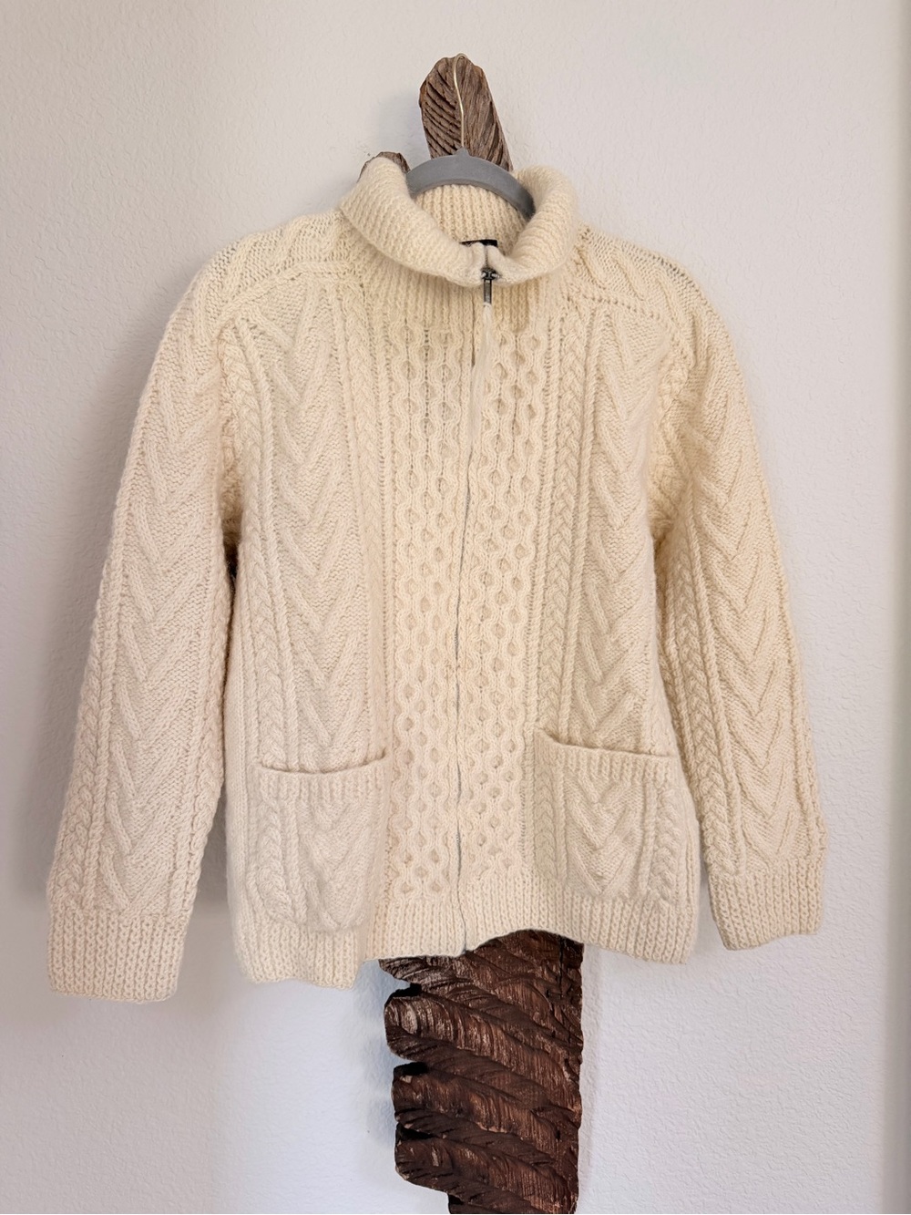VTG fisherman’s 100% wool hand knit zip cardigan GAELTARRA IRELAND sweater sz 40